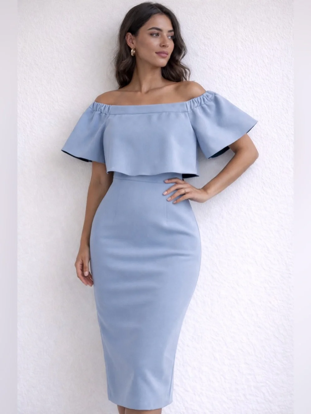 ASOS Light Blue One-Shoulder Ruffle Midi Dress - Picture 1 of 4
